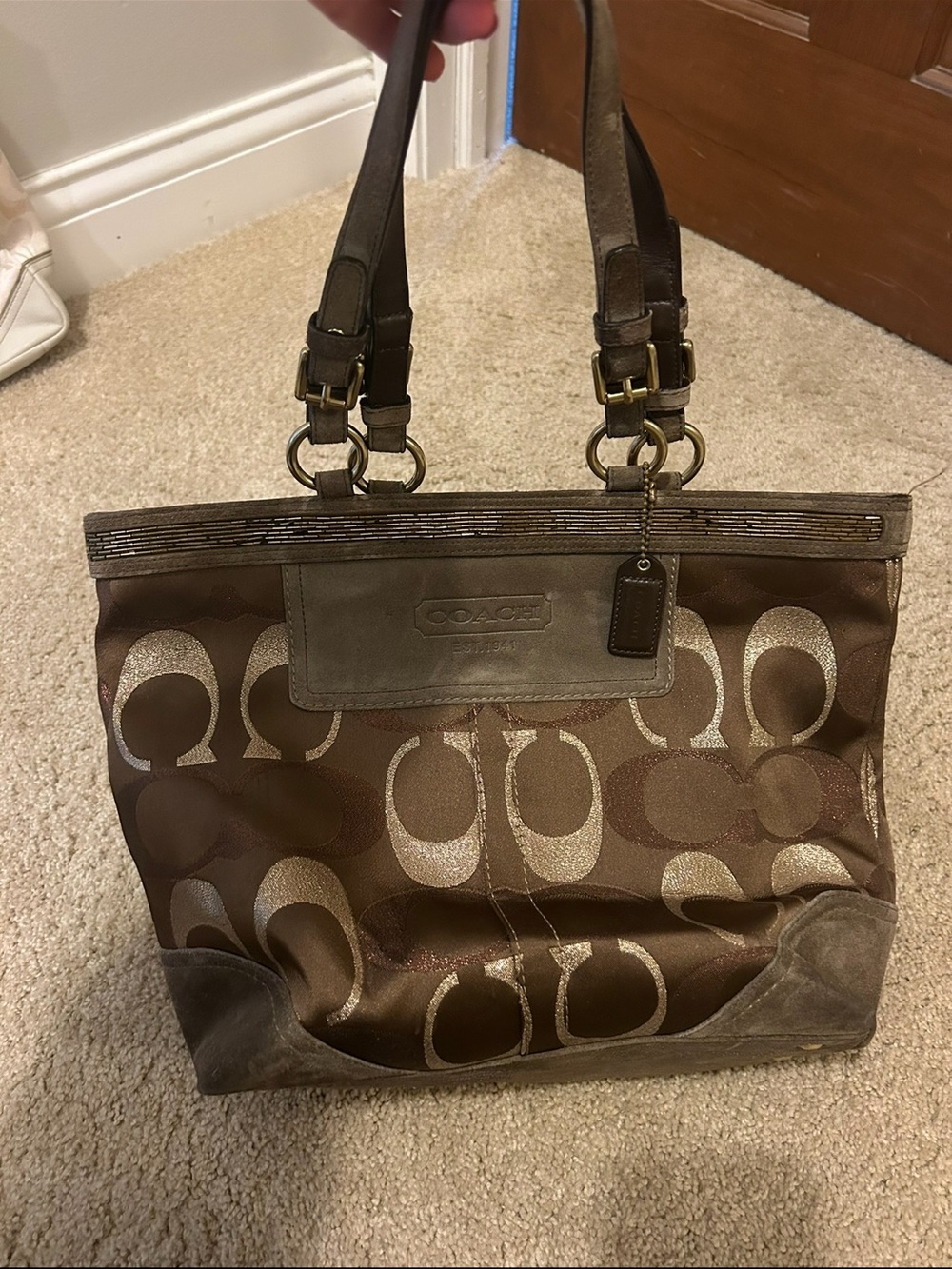 Vintage 2009 Coach Brown and Tan Signature Tote with Leather Trim